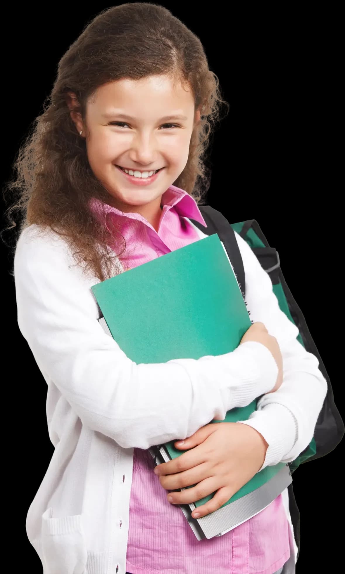 Smiling girl with a backpack holding a green folder